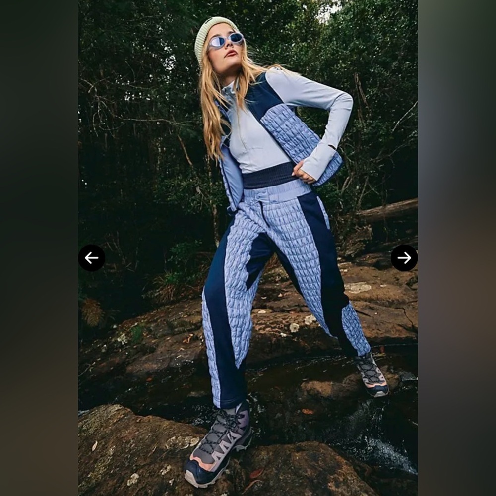 Free People Two-Tone Quilted Light Blue and Navy Track Pants